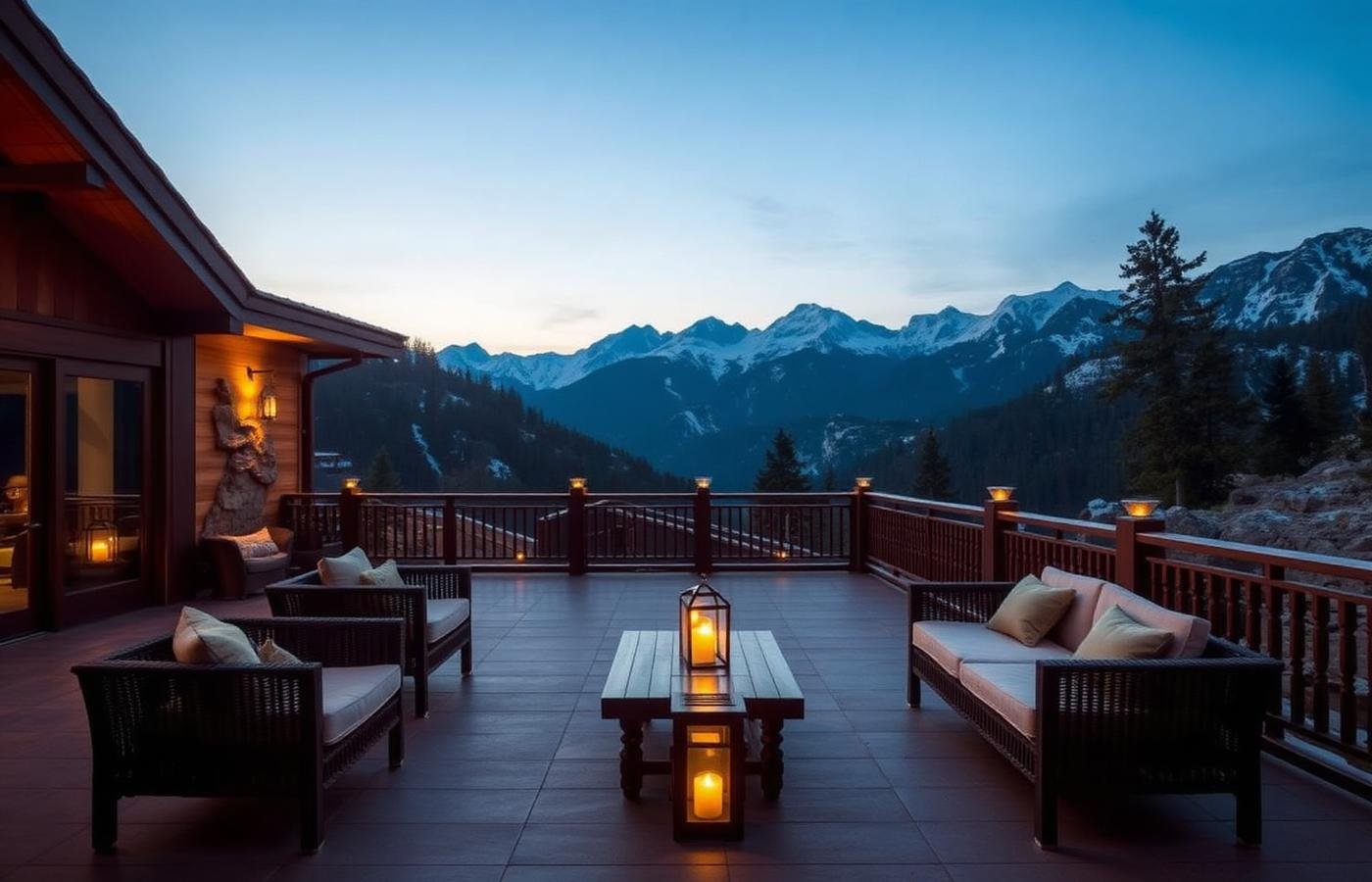 Himalayan lodge terrace at dusk